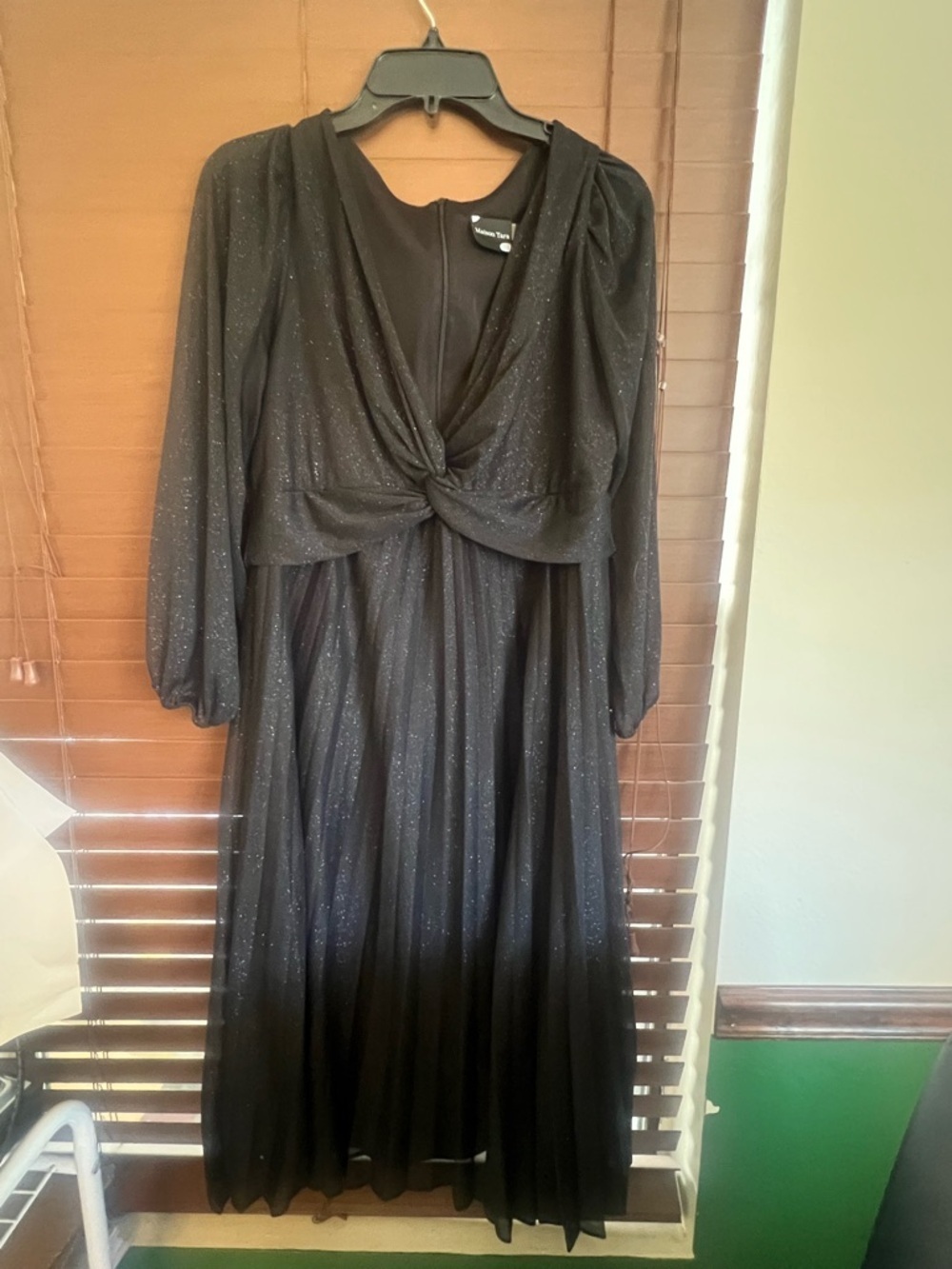 Maison Tara Black Sparkle Twist-Front Long Sleeve Gown
